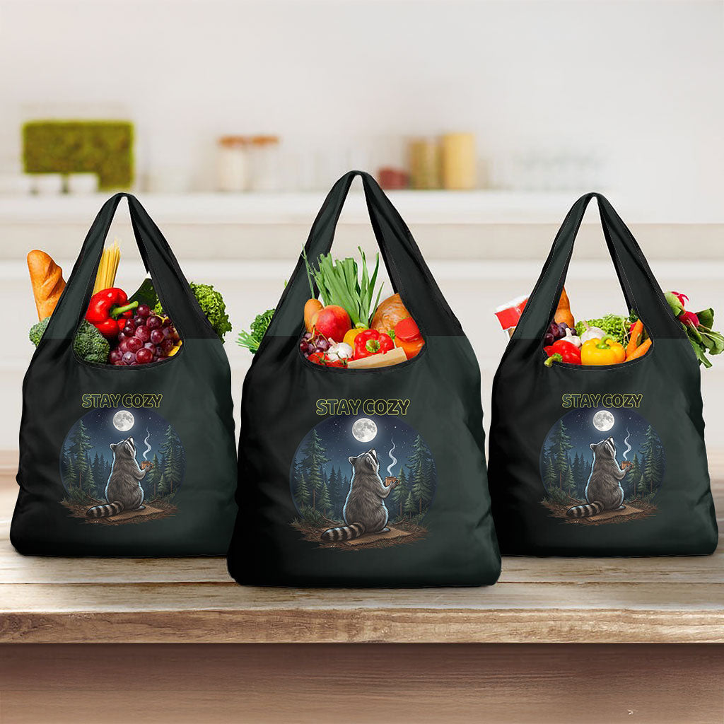 Raccoon Stay Wild Stay Cozy Camping Grocery Bag Starry Night Forest Wildlife