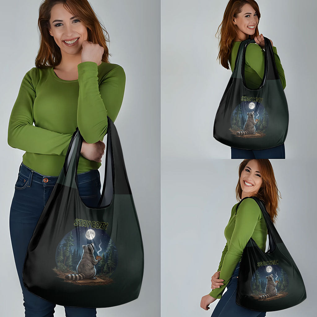 Raccoon Stay Wild Stay Cozy Camping Grocery Bag Starry Night Forest Wildlife