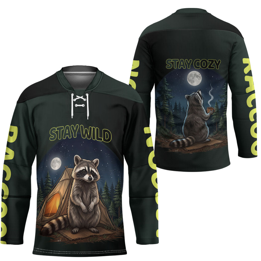 Raccoon Stay Wild Stay Cozy Camping Hockey Jersey Starry Night Forest Wildlife