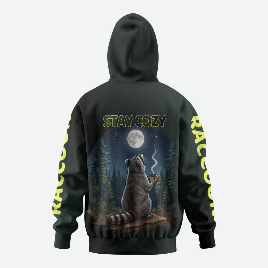 Raccoon Stay Wild Stay Cozy Camping Hoodie Starry Night Forest Wildlife