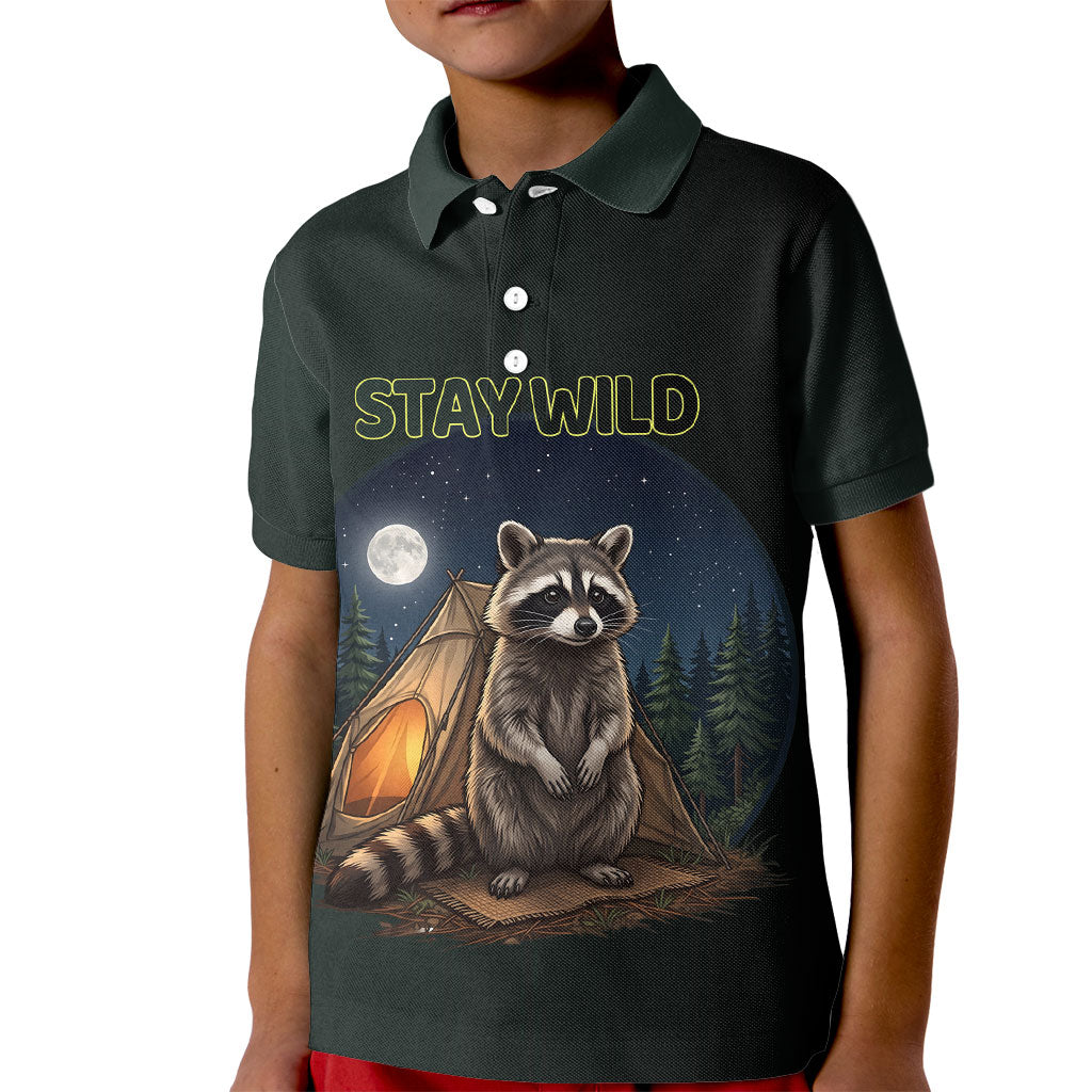 Raccoon Stay Wild Stay Cozy Camping Kid Polo Shirt Starry Night Forest Wildlife