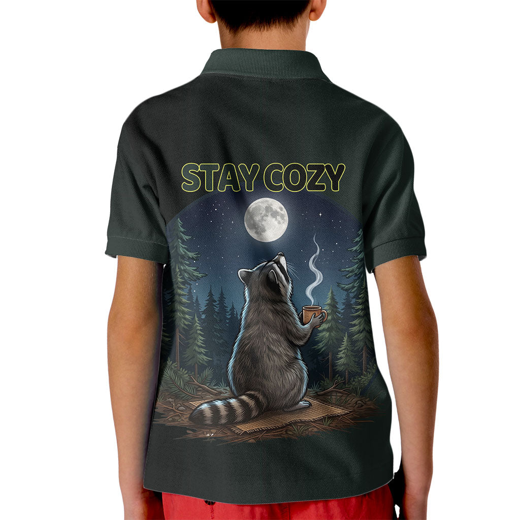 Raccoon Stay Wild Stay Cozy Camping Kid Polo Shirt Starry Night Forest Wildlife