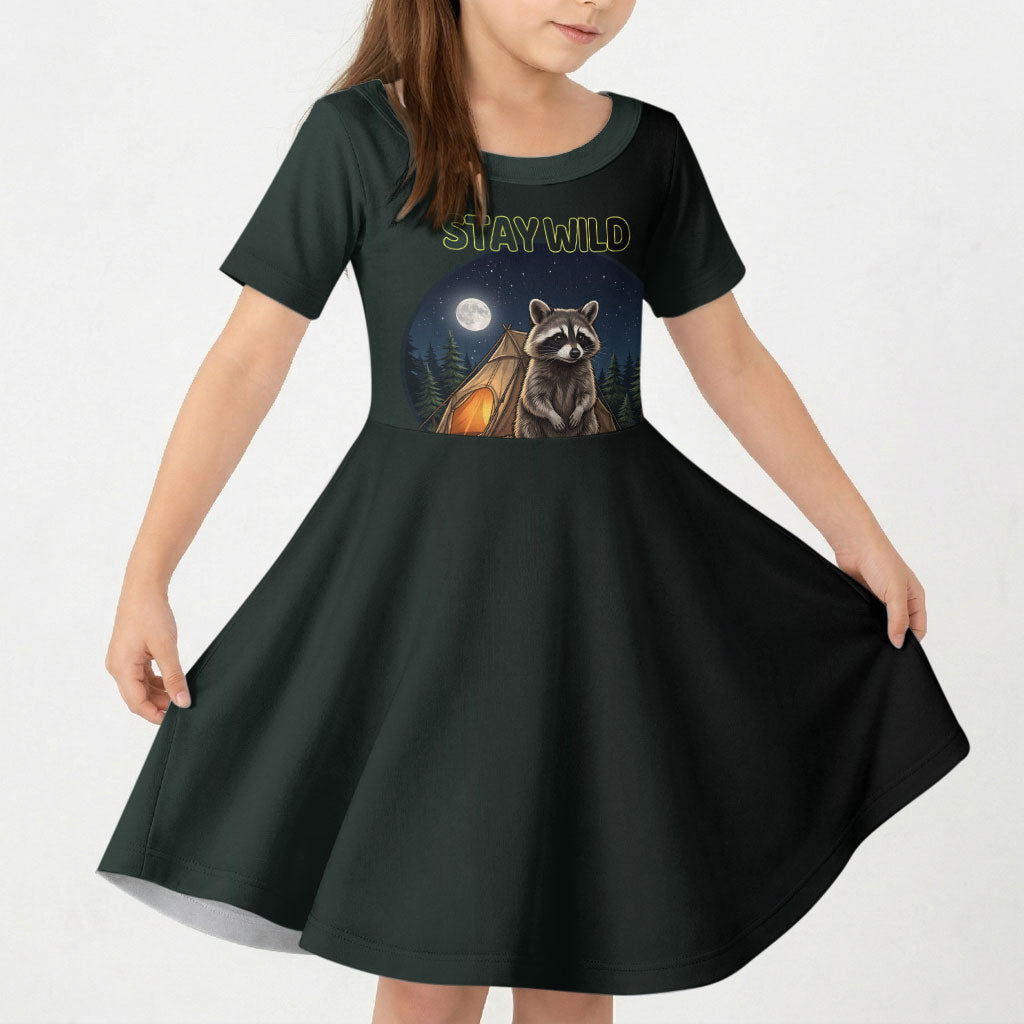 Raccoon Stay Wild Stay Cozy Camping Kid Short Sleeve Dress Starry Night Forest Wildlife
