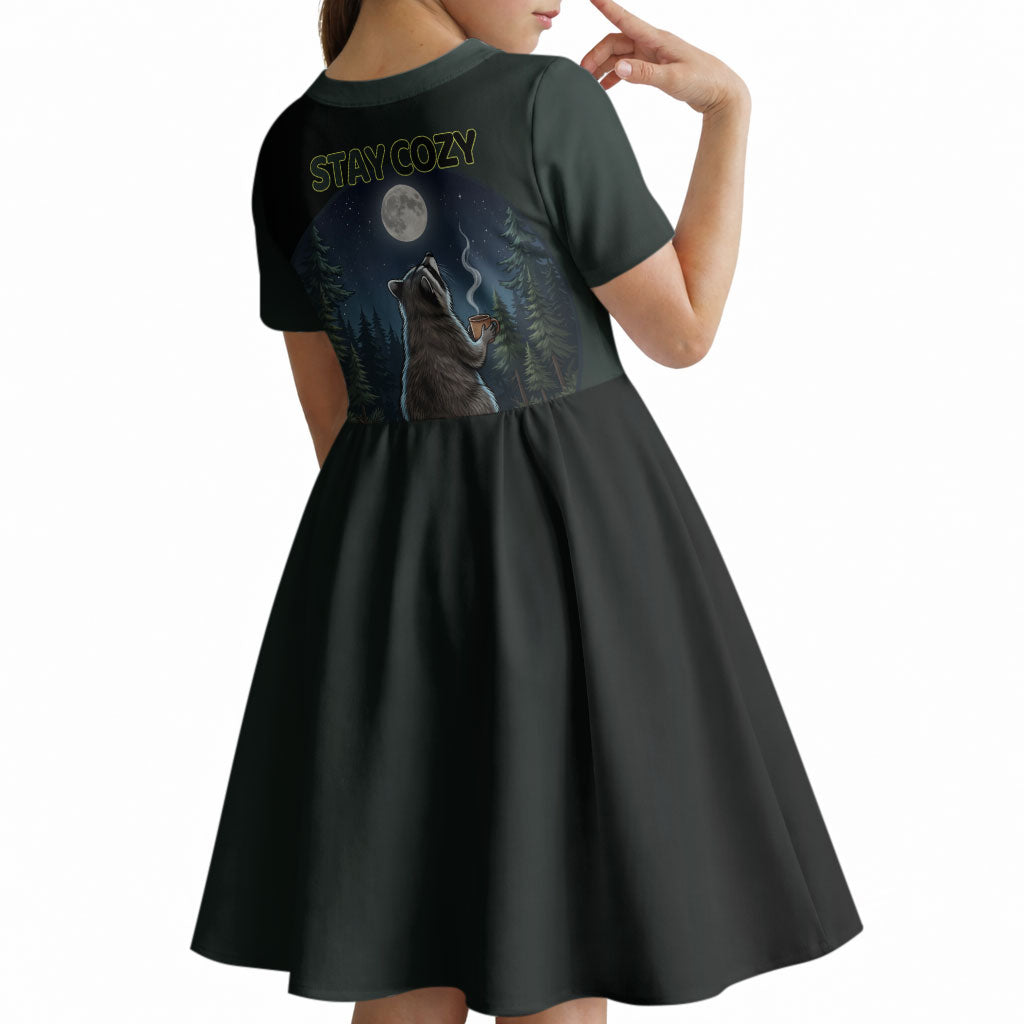 Raccoon Stay Wild Stay Cozy Camping Kid Short Sleeve Dress Starry Night Forest Wildlife