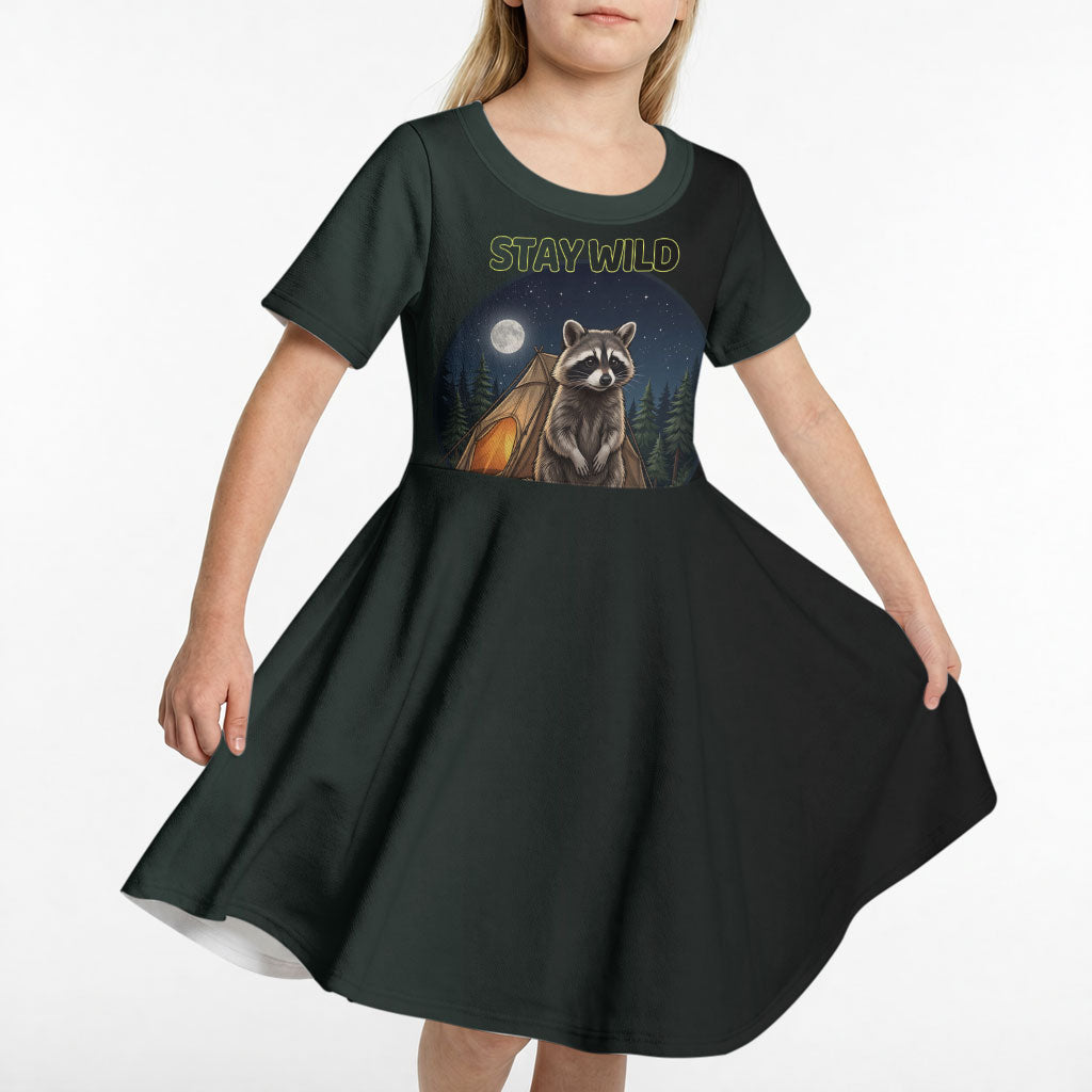 Raccoon Stay Wild Stay Cozy Camping Kid Short Sleeve Dress Starry Night Forest Wildlife