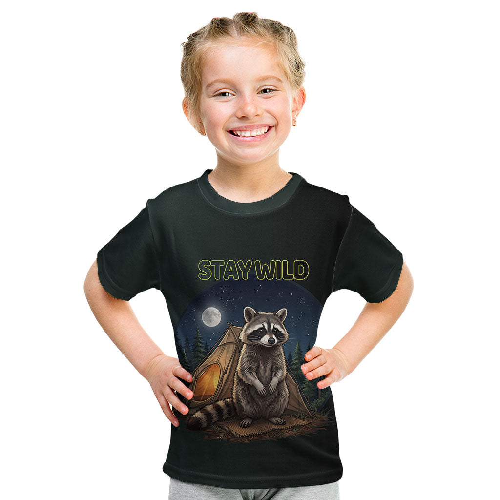 Raccoon Stay Wild Stay Cozy Camping Kid T Shirt Starry Night Forest Wildlife