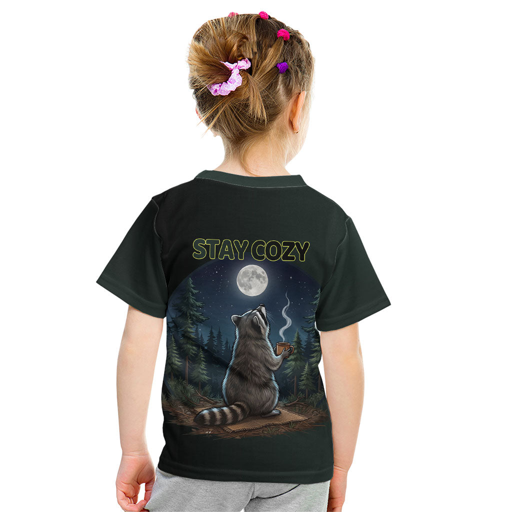 Raccoon Stay Wild Stay Cozy Camping Kid T Shirt Starry Night Forest Wildlife