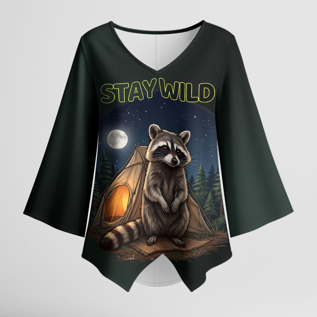 Raccoon Stay Wild Stay Cozy Camping Kimono Sleeve Blouse Starry Night Forest Wildlife