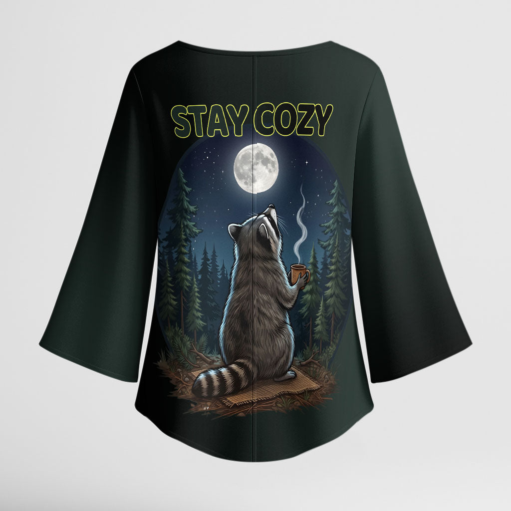 Raccoon Stay Wild Stay Cozy Camping Kimono Sleeve Blouse Starry Night Forest Wildlife