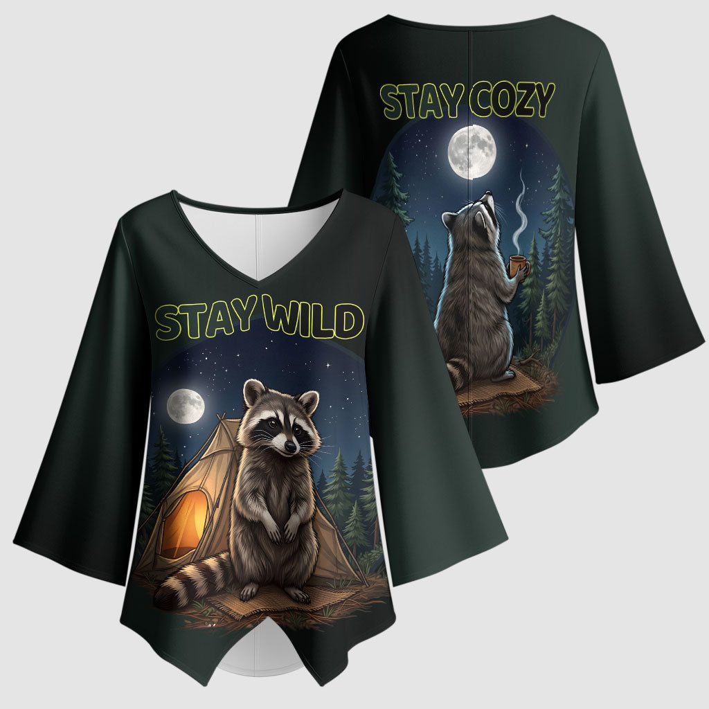 Raccoon Stay Wild Stay Cozy Camping Kimono Sleeve Blouse Starry Night Forest Wildlife