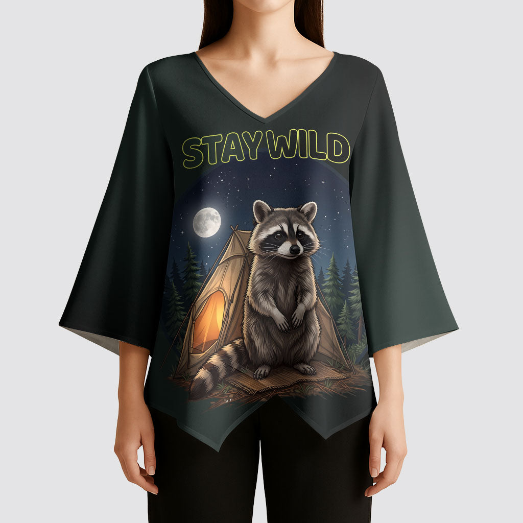 Raccoon Stay Wild Stay Cozy Camping Kimono Sleeve Blouse Starry Night Forest Wildlife