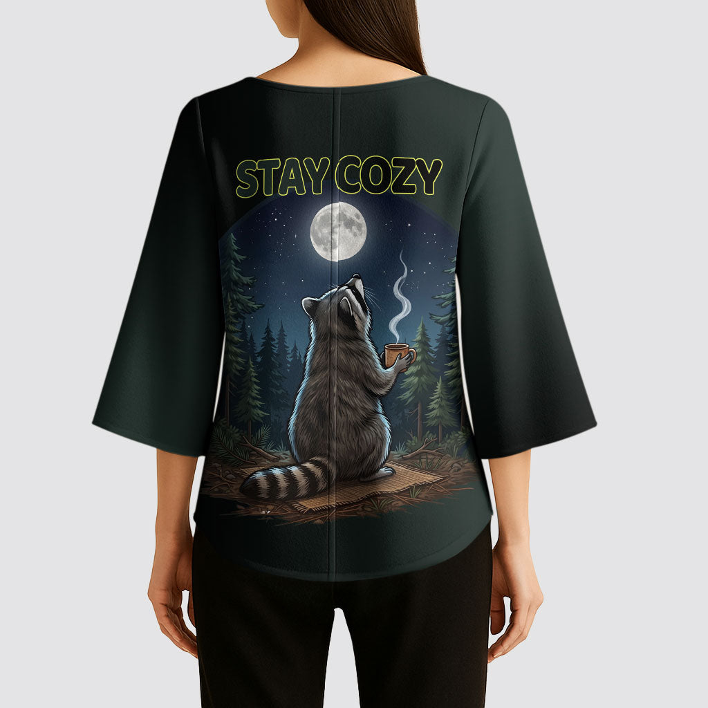 Raccoon Stay Wild Stay Cozy Camping Kimono Sleeve Blouse Starry Night Forest Wildlife
