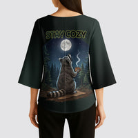 Raccoon Stay Wild Stay Cozy Camping Kimono Sleeve Blouse Starry Night Forest Wildlife