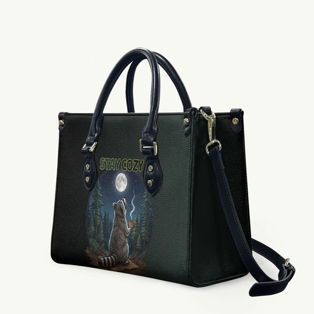 Raccoon Stay Wild Stay Cozy Camping Leather Bag Starry Night Forest Wildlife