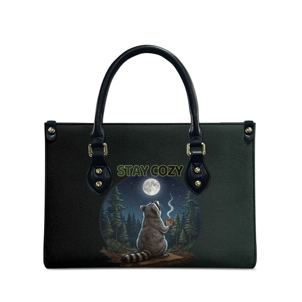 Raccoon Stay Wild Stay Cozy Camping Leather Bag Starry Night Forest Wildlife
