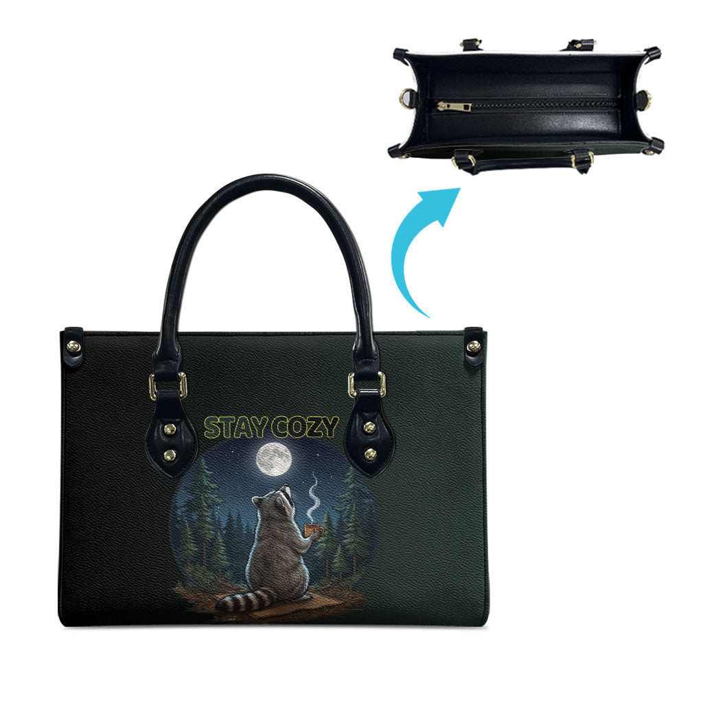 Raccoon Stay Wild Stay Cozy Camping Leather Bag Starry Night Forest Wildlife