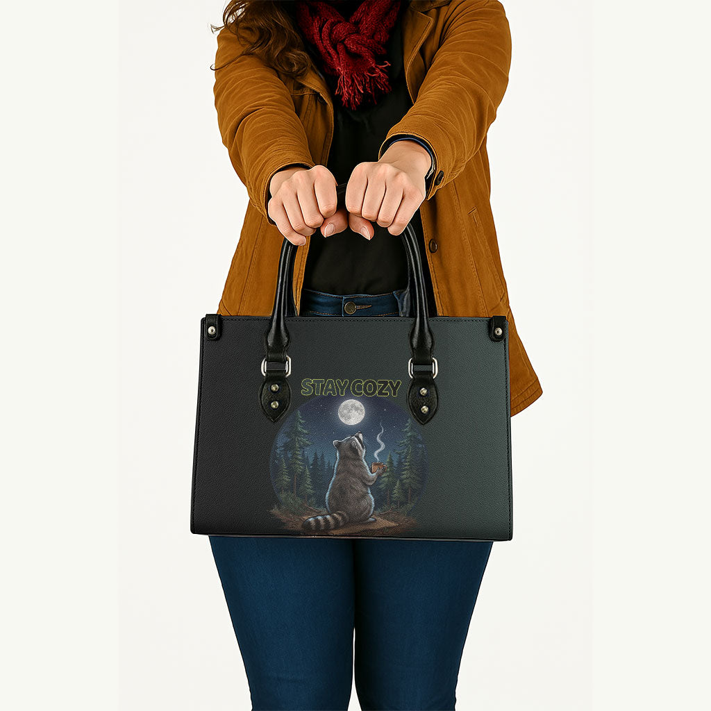 Raccoon Stay Wild Stay Cozy Camping Leather Bag Starry Night Forest Wildlife