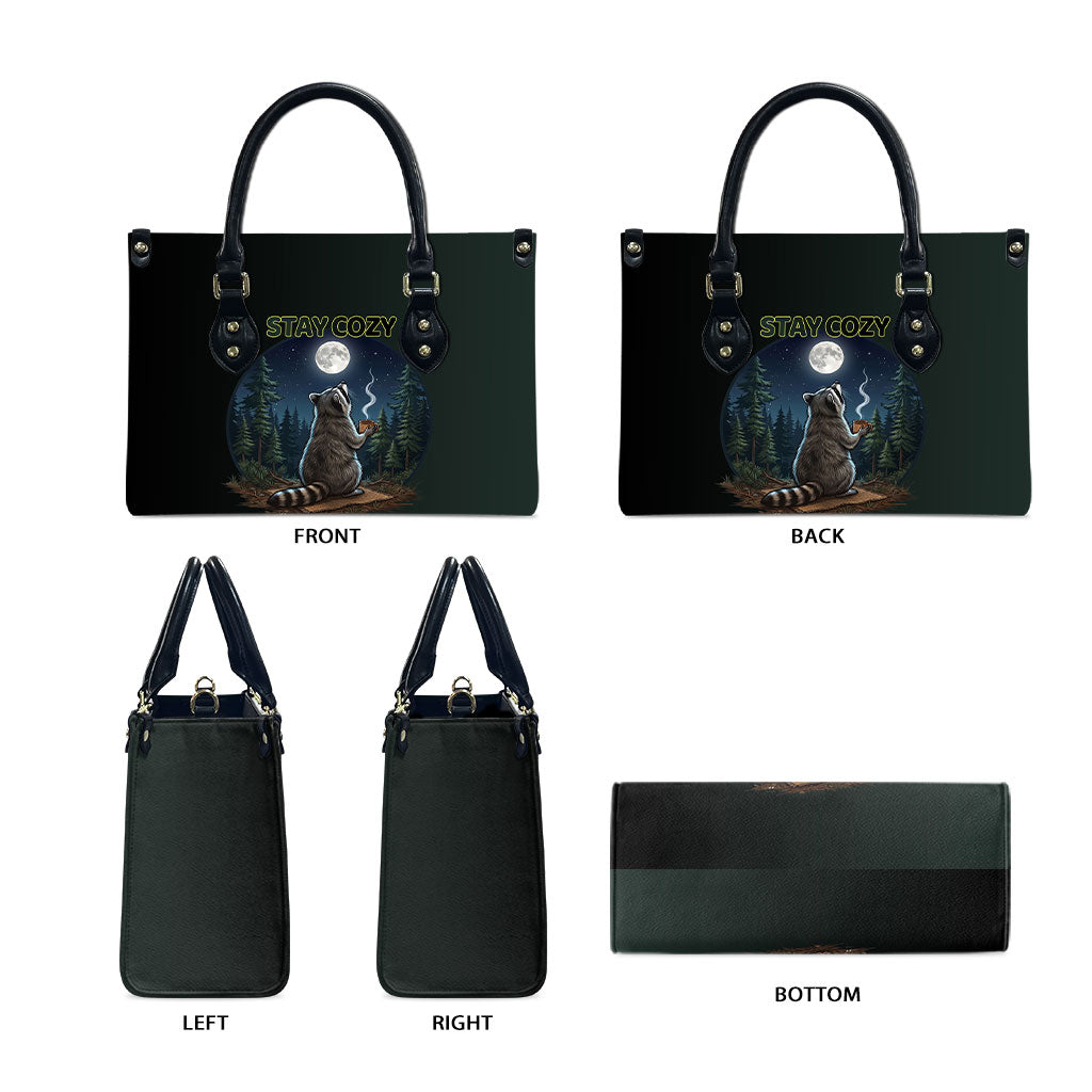 Raccoon Stay Wild Stay Cozy Camping Leather Bag Starry Night Forest Wildlife