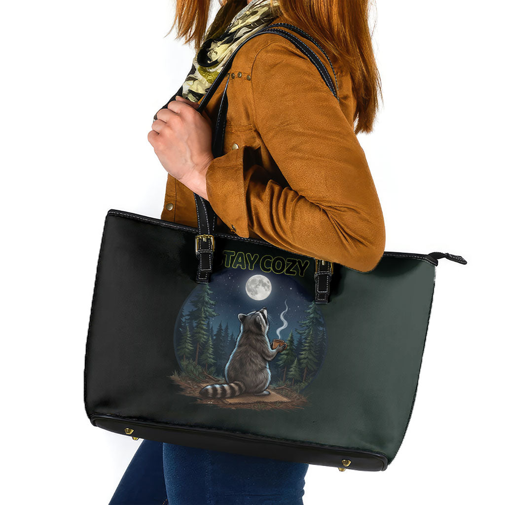 Raccoon Stay Wild Stay Cozy Camping Leather Tote Bag Starry Night Forest Wildlife
