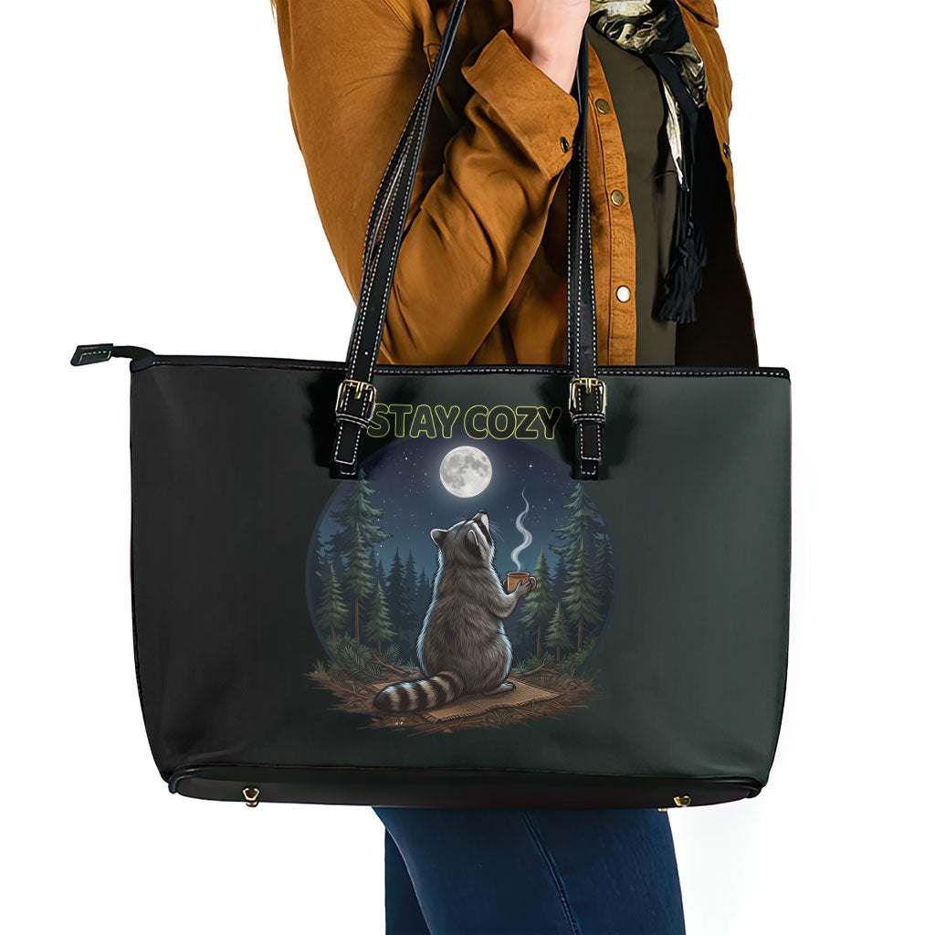 Raccoon Stay Wild Stay Cozy Camping Leather Tote Bag Starry Night Forest Wildlife