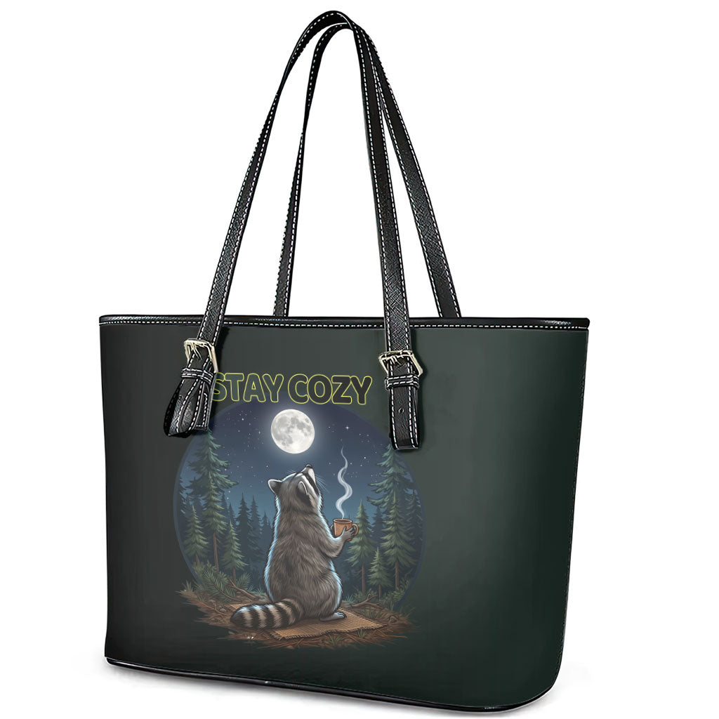Raccoon Stay Wild Stay Cozy Camping Leather Tote Bag Starry Night Forest Wildlife