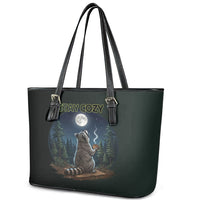Raccoon Stay Wild Stay Cozy Camping Leather Tote Bag Starry Night Forest Wildlife