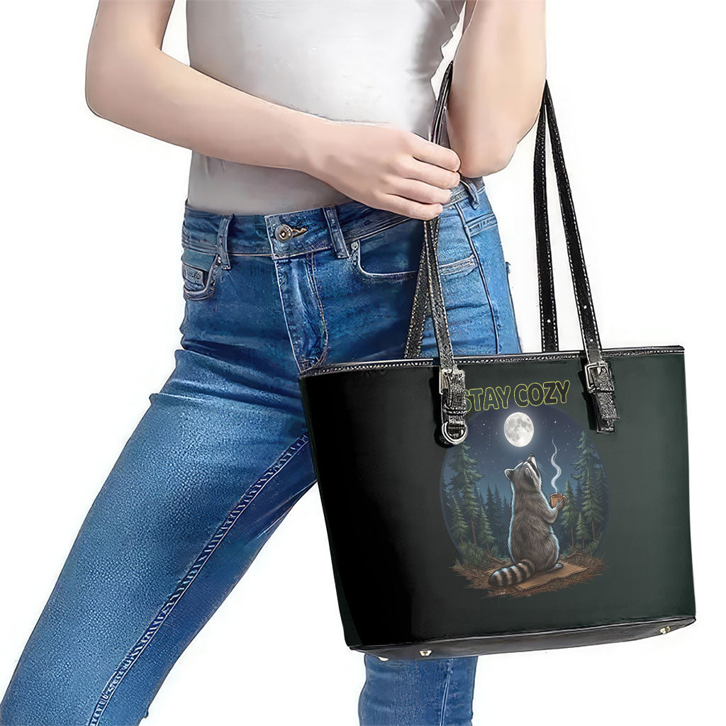 Raccoon Stay Wild Stay Cozy Camping Leather Tote Bag Starry Night Forest Wildlife
