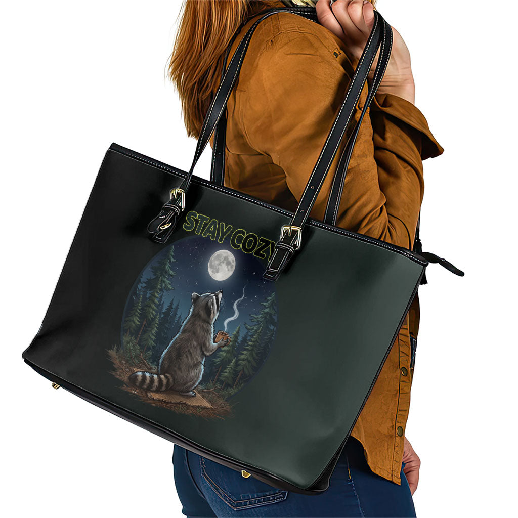 Raccoon Stay Wild Stay Cozy Camping Leather Tote Bag Starry Night Forest Wildlife