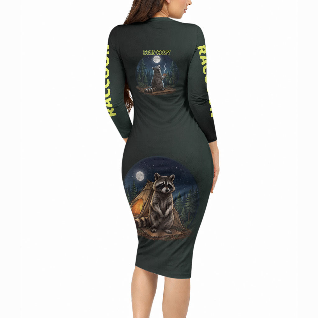 Raccoon Stay Wild Stay Cozy Camping Long Sleeve Bodycon Dress Starry Night Forest Wildlife
