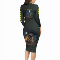 Raccoon Stay Wild Stay Cozy Camping Long Sleeve Bodycon Dress Starry Night Forest Wildlife