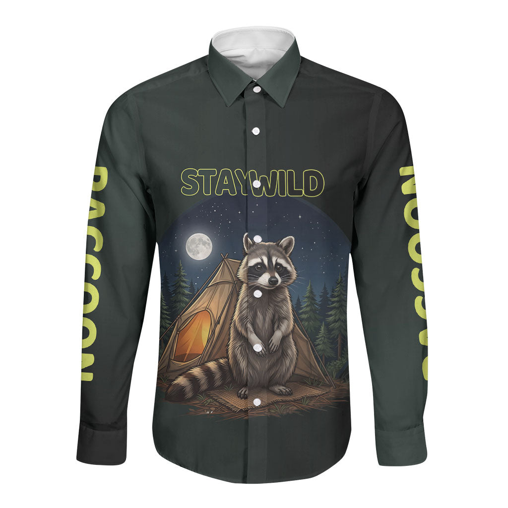 Raccoon Stay Wild Stay Cozy Camping Long Sleeve Button Shirt Starry Night Forest Wildlife