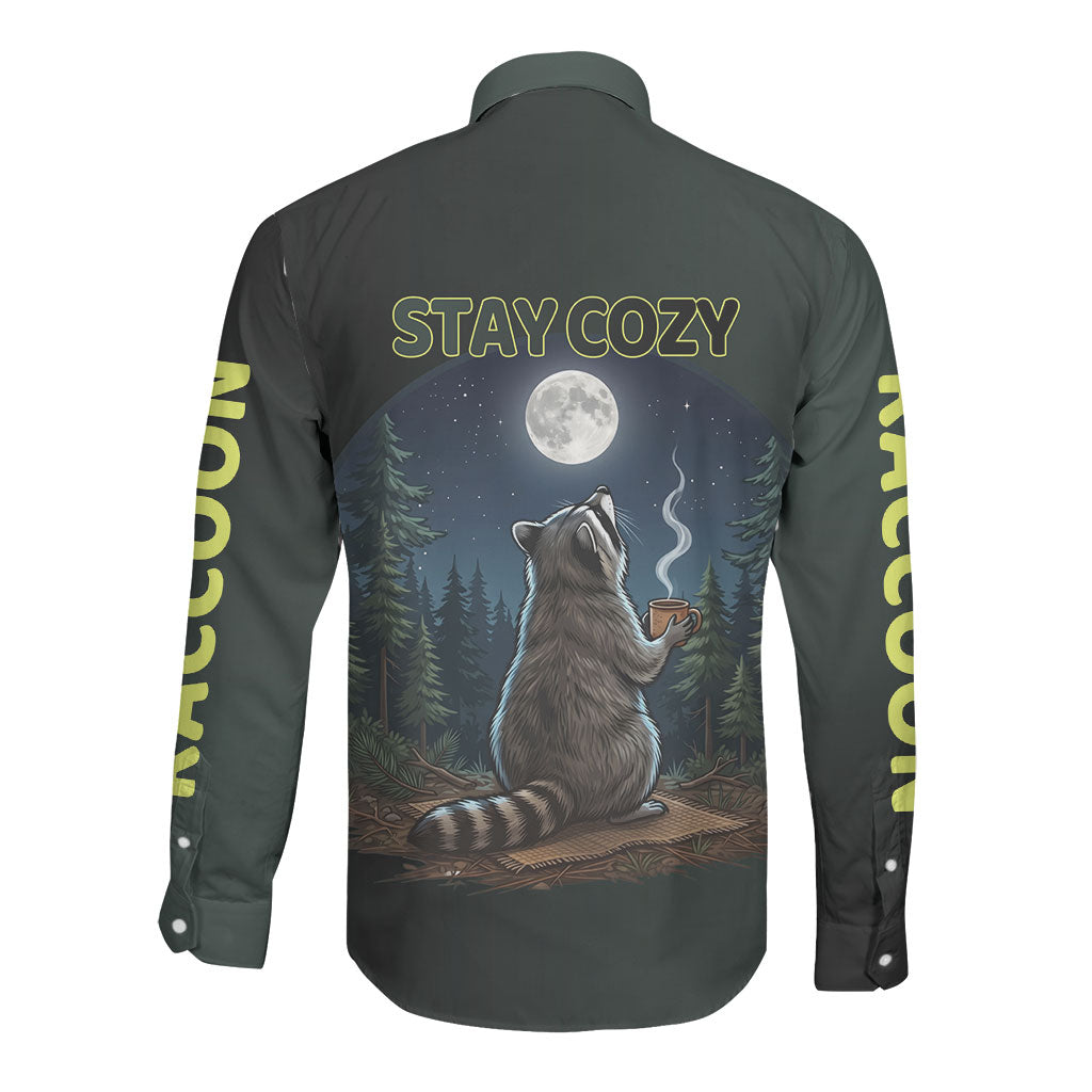 Raccoon Stay Wild Stay Cozy Camping Long Sleeve Button Shirt Starry Night Forest Wildlife