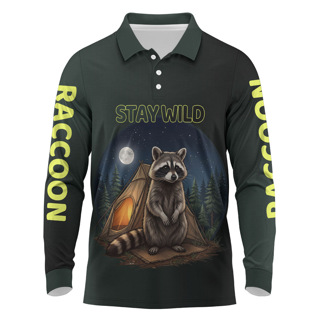 Raccoon Stay Wild Stay Cozy Camping Long Sleeve Polo Shirt Starry Night Forest Wildlife