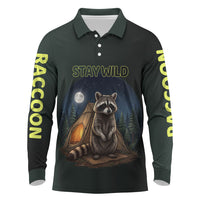 Raccoon Stay Wild Stay Cozy Camping Long Sleeve Polo Shirt Starry Night Forest Wildlife