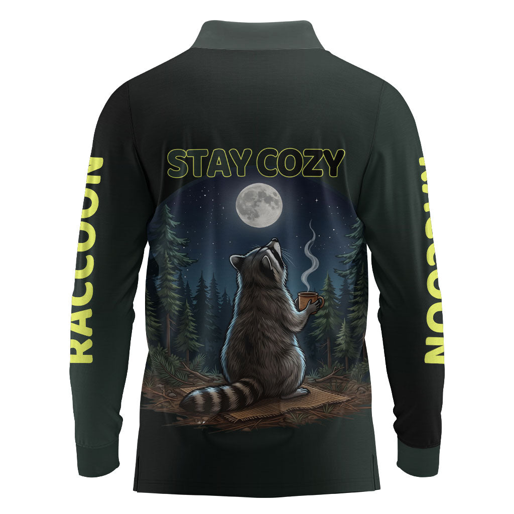 Raccoon Stay Wild Stay Cozy Camping Long Sleeve Polo Shirt Starry Night Forest Wildlife