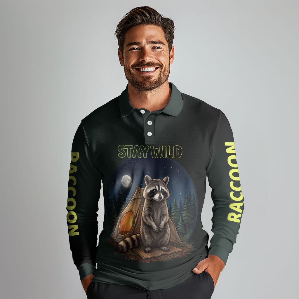Raccoon Stay Wild Stay Cozy Camping Long Sleeve Polo Shirt Starry Night Forest Wildlife