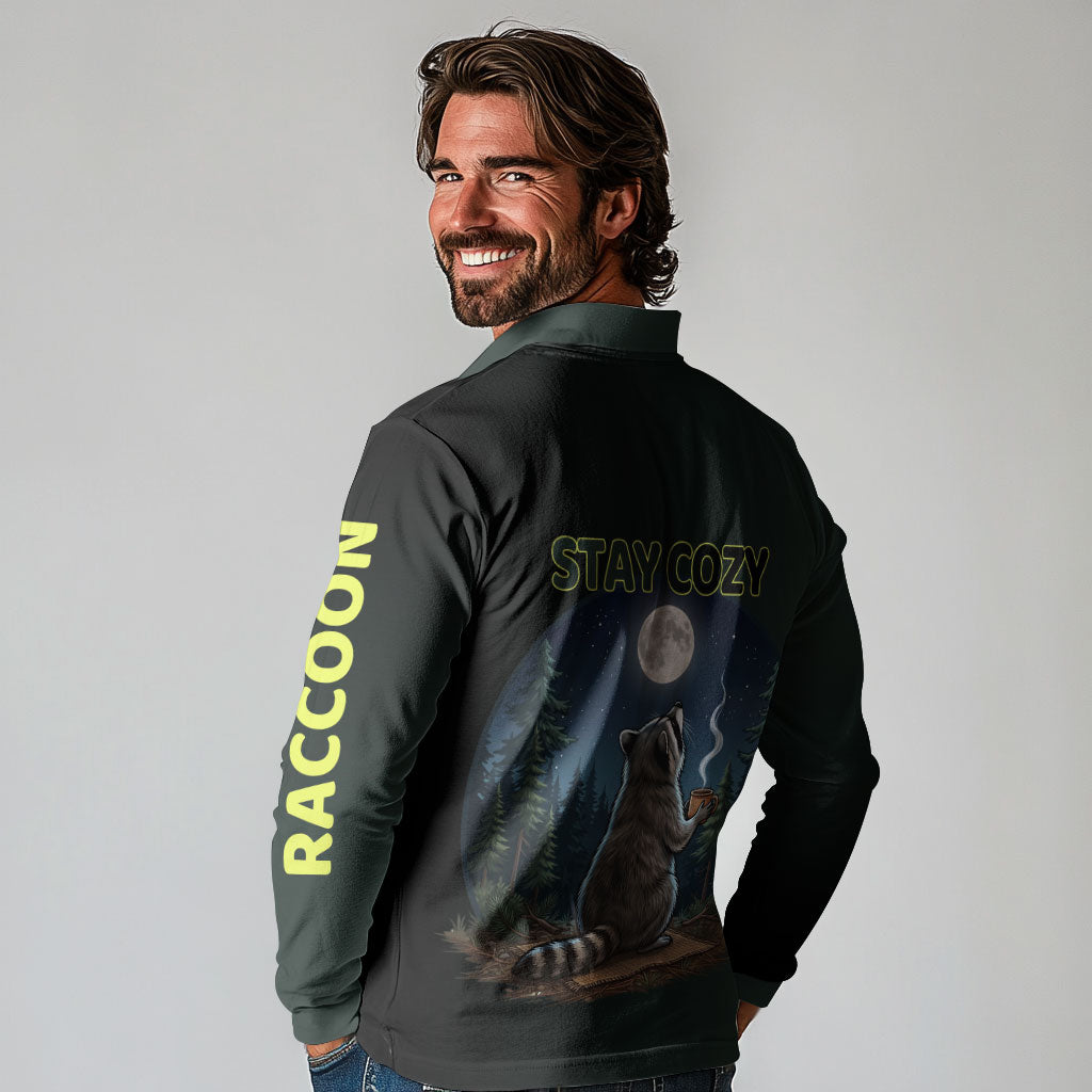 Raccoon Stay Wild Stay Cozy Camping Long Sleeve Polo Shirt Starry Night Forest Wildlife