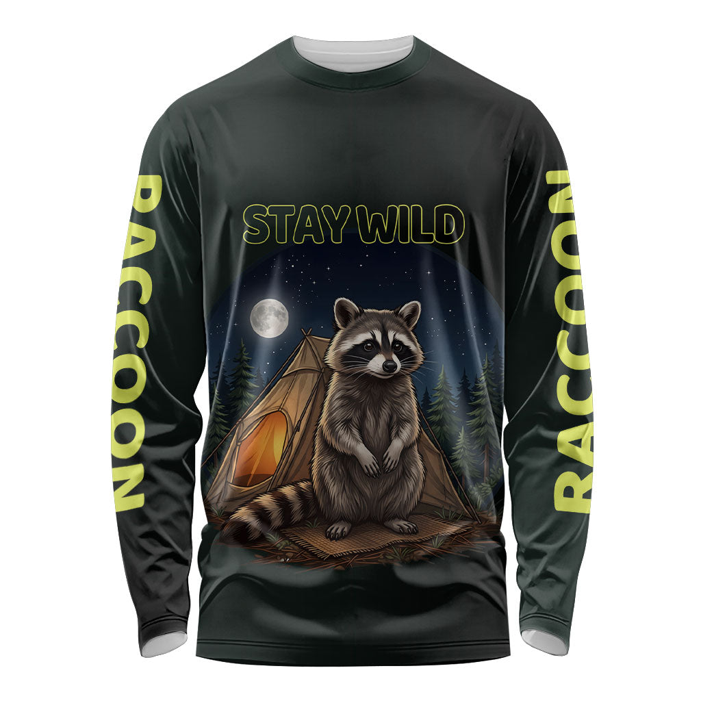 Raccoon Stay Wild Stay Cozy Camping Long Sleeve Shirt Starry Night Forest Wildlife