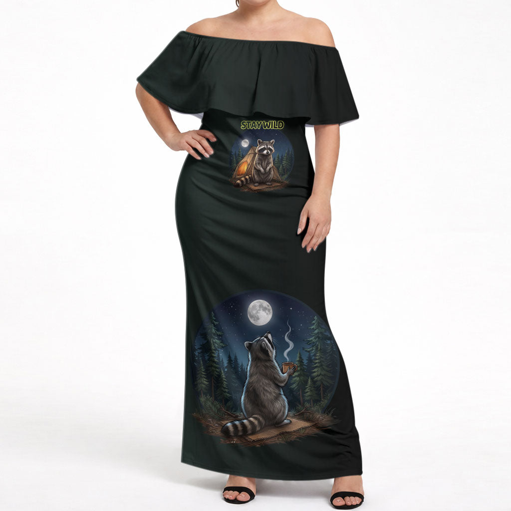Raccoon Stay Wild Stay Cozy Camping Off Shoulder Maxi Dress Starry Night Forest Wildlife