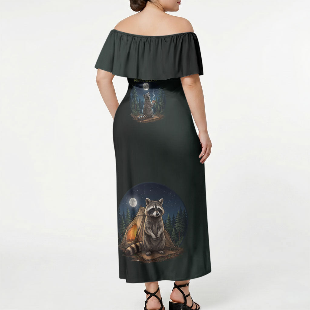 Raccoon Stay Wild Stay Cozy Camping Off Shoulder Maxi Dress Starry Night Forest Wildlife