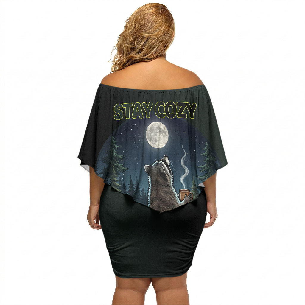 Raccoon Stay Wild Stay Cozy Camping Off Shoulder Short Dress Starry Night Forest Wildlife