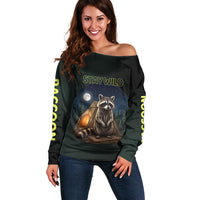 Raccoon Stay Wild Stay Cozy Camping Off Shoulder Sweater Starry Night Forest Wildlife