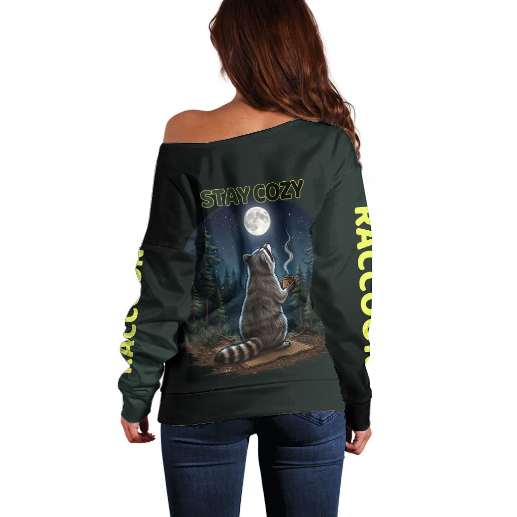 Raccoon Stay Wild Stay Cozy Camping Off Shoulder Sweater Starry Night Forest Wildlife