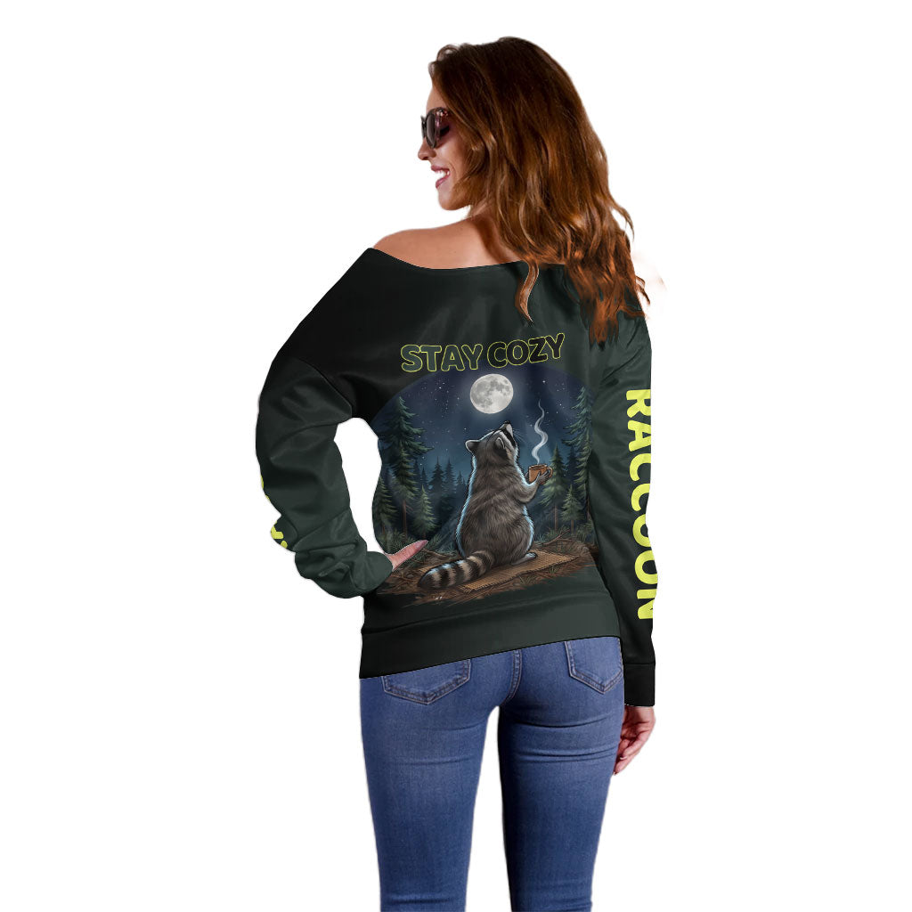 Raccoon Stay Wild Stay Cozy Camping Off Shoulder Sweater Starry Night Forest Wildlife