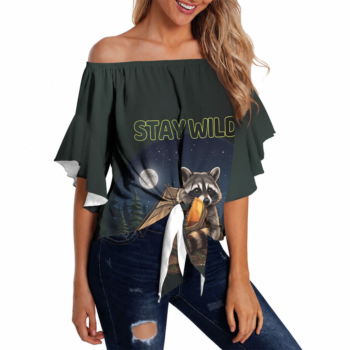 Raccoon Stay Wild Stay Cozy Camping Off Shoulder Wrap Waist Top Starry Night Forest Wildlife