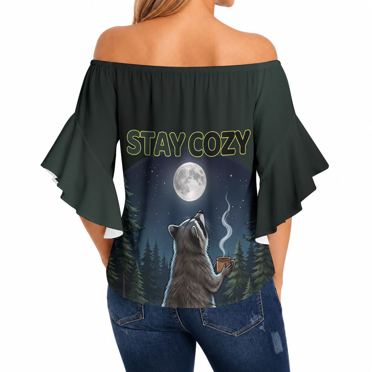 Raccoon Stay Wild Stay Cozy Camping Off Shoulder Wrap Waist Top Starry Night Forest Wildlife