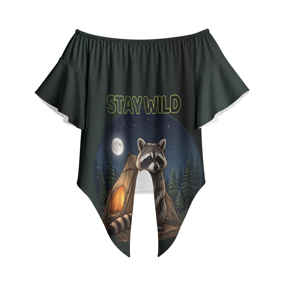 Raccoon Stay Wild Stay Cozy Camping Off Shoulder Wrap Waist Top Starry Night Forest Wildlife