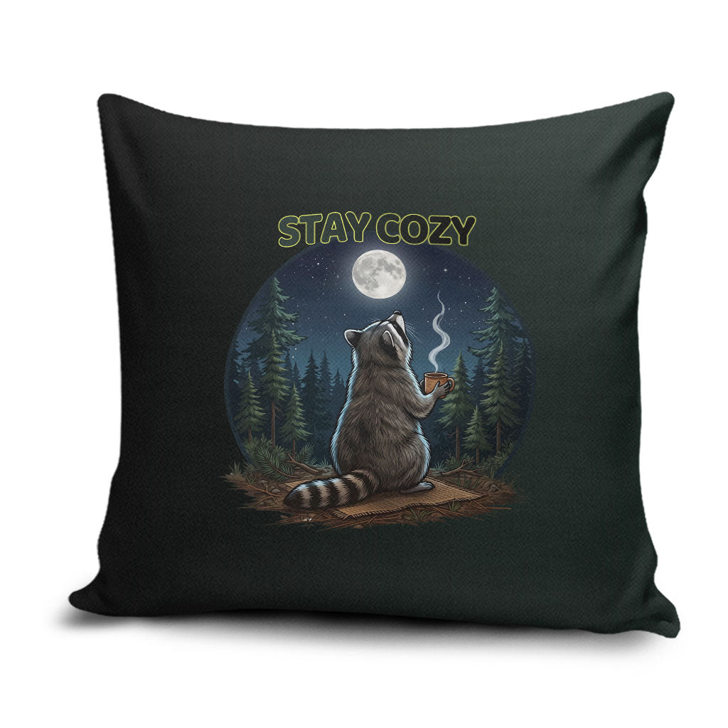 Raccoon Stay Wild Stay Cozy Camping Pillow Cover Starry Night Forest Wildlife