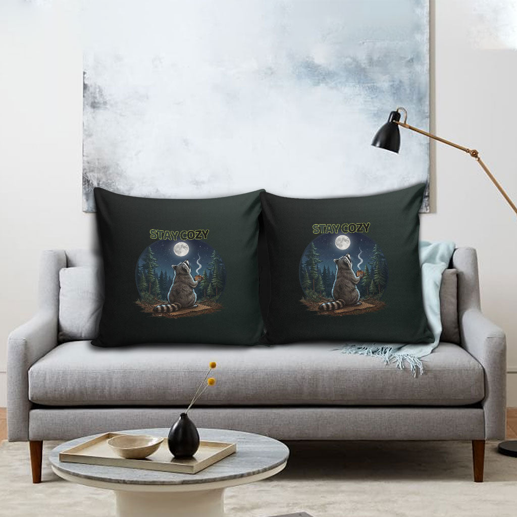 Raccoon Stay Wild Stay Cozy Camping Pillow Cover Starry Night Forest Wildlife