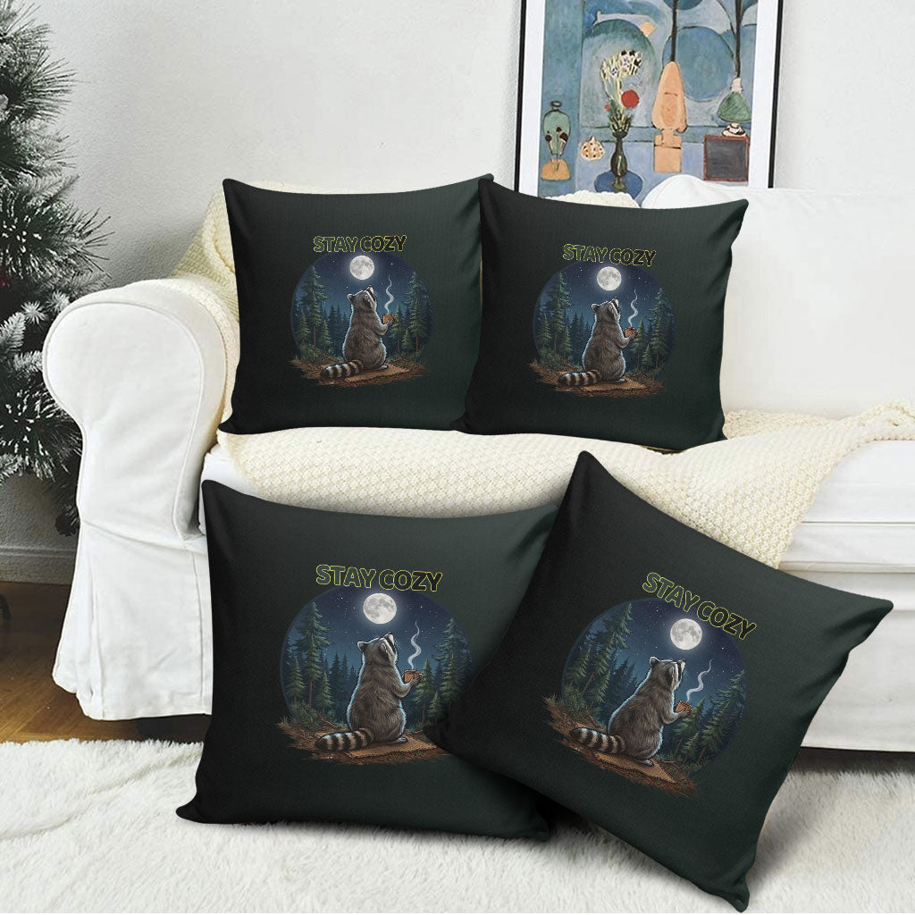 Raccoon Stay Wild Stay Cozy Camping Pillow Cover Starry Night Forest Wildlife